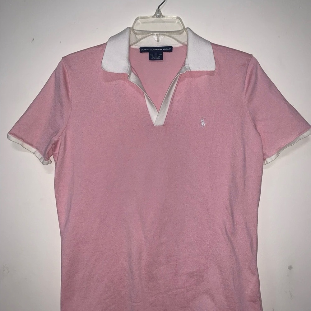 Ralph Lauren Women’s Golf Polo in Pink with White Collar Cotton Blend Medium
